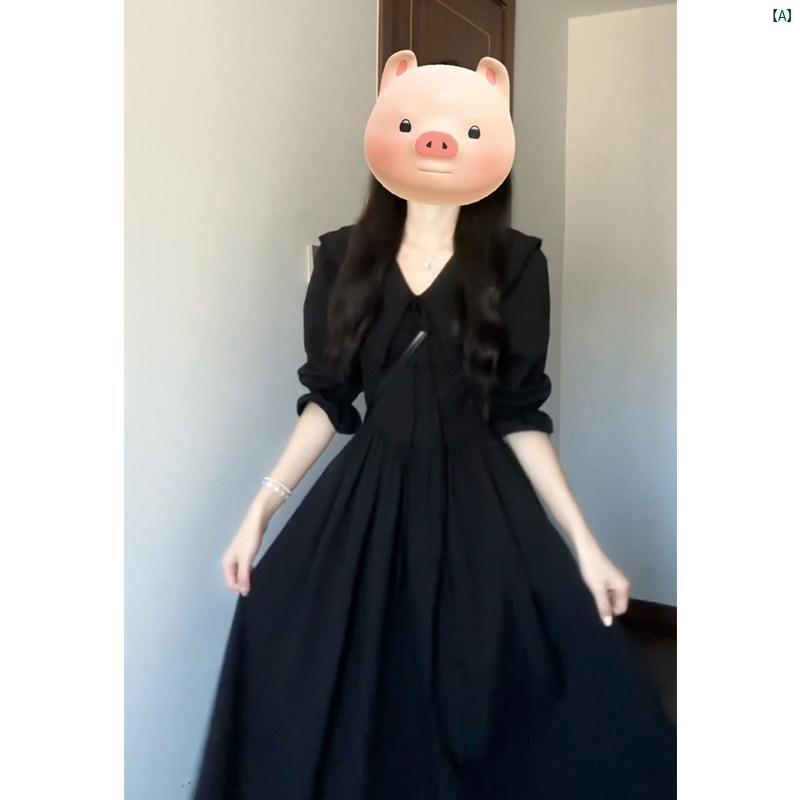 レディース　ファッション　おしゃれ　韓国　韓国　ヨーロピアン　海外風　夏　春　秋　 フレンチ ティーブレイク Vネック ミドル丈 長袖 ドレス レディース 夏 ウエスト スリム 小柄 Aラインイン ロング