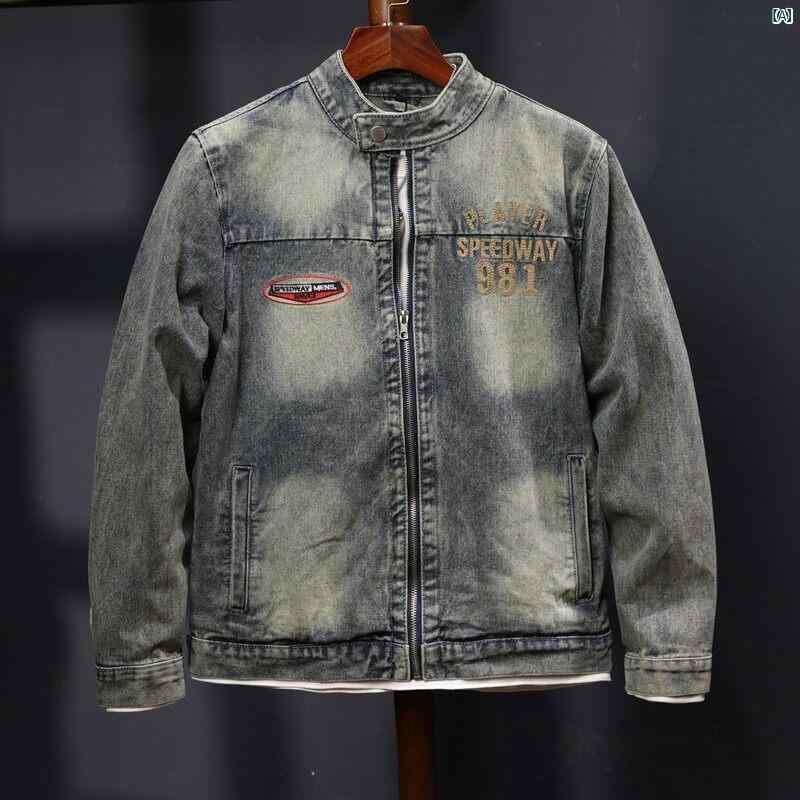 メンズ ライト 高級 雑貨 スタンドカラー バイク デニム ジャケット メンズ ファッション スリム レトロ ジッパー レター 刺繍