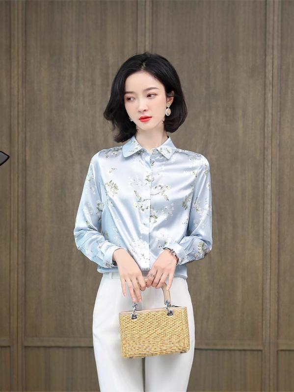 シャツ レディース トップス 春 長袖 シルク 桑蚕? 花柄 プリント 襟付き ブラウス Tシャツ 高級感 オフィス 通勤 エレガント きれいめ 大人 オフィスカジュアル 上品 部屋着 普段使い インナー ホワイト ブラック ブルー 伸縮性|プライムズ商店