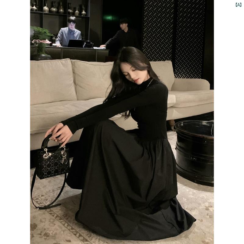 海外ファッション　レディース　綺麗　大歳　上品 フレンチ リトル ブラック ドレス ハーフ ハイネック スリム 秋 Aラインイン 大きい 裾 スカート