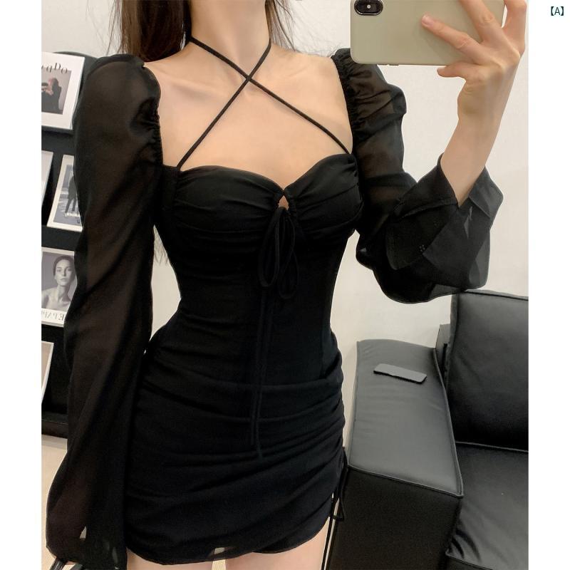 海外ファッション　レディース　綺麗　大歳　上品 ハイウエスト スリム ショート スカート 魅惑的 ガールズ ブラック 巾着 ホルターネック ヒップ カバー ドレス