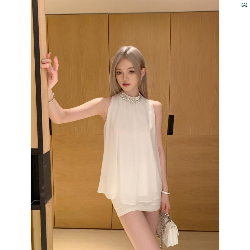 海外ファッション　レディース　綺麗　大歳　上品 スタイリッシュ ガールズ フレンチ ハイエンド チェーン ノースリーブホルター トップ たり スリム シャツ
