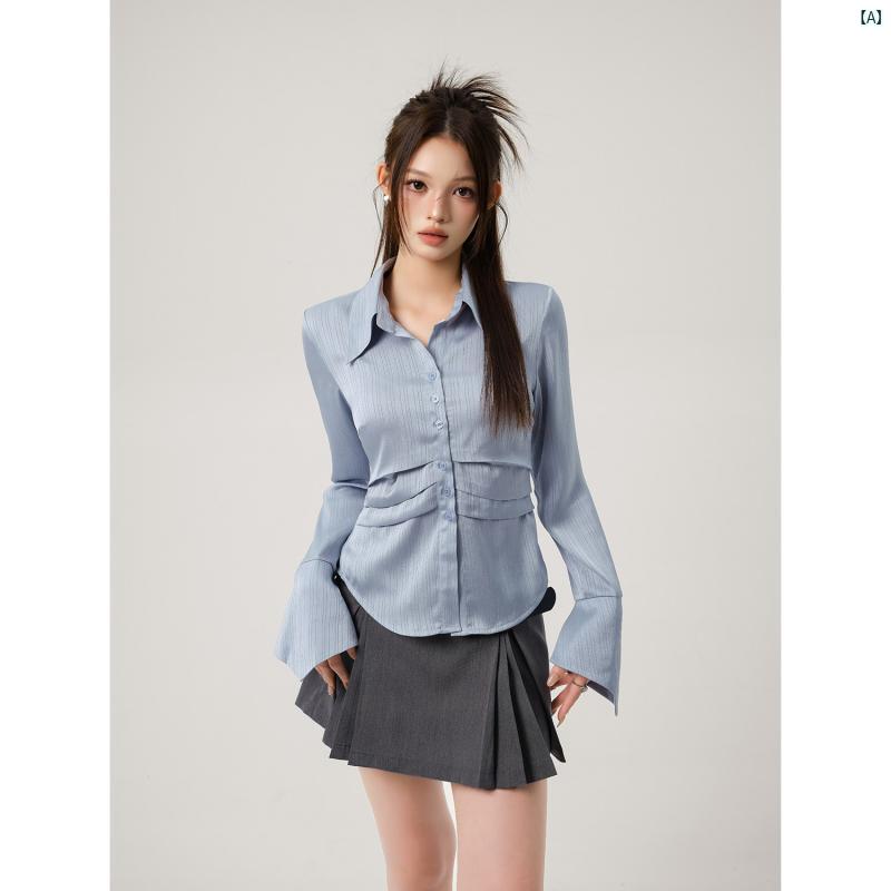 海外ファッション　レディース　綺麗　大歳　上品 ブルー サテン ソフト ライト フレンチ ウエスト シャツ レディース 春秋 高度 長袖 トップ