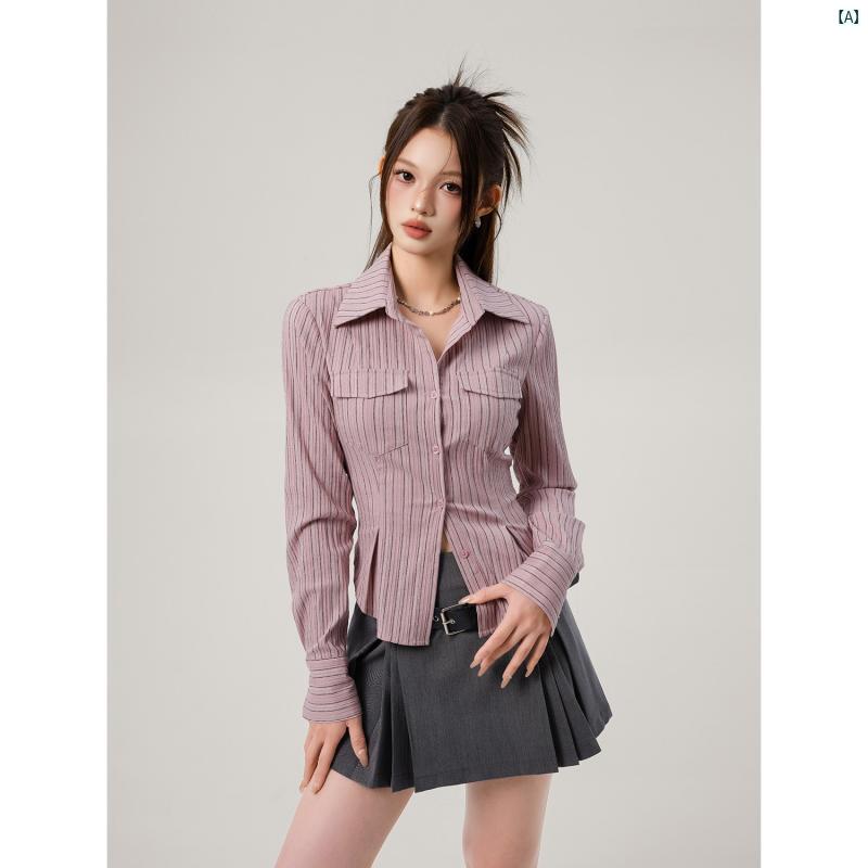 海外ファッション　レディース　綺麗　大歳　上品 ピンクストライプ スリム ショート シャツ レディース ウエスト 長袖 スタイリッシュ ガール トップ