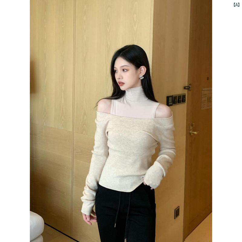 海外ファッション　レディース　綺麗　大歳　上品 魅力的 パイル カラー フェイク 2点 スリム ニット セーター レディー スス プライス オフショルダー 長袖 快適 トップス