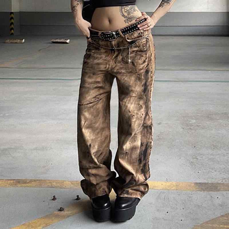 レディース　Y2K ファッション　2000代 タイダイ柄 オールドアメリカン レトロ スタイリッシュ ガール 秋　冬 イエロー マッド ルー スウォッシュ ジーンズ ワイド レッグ パンツ レディース