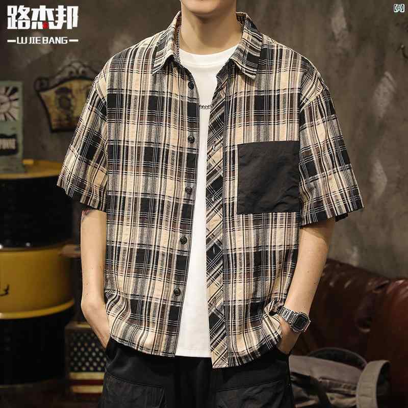 メンズ　ファッショオン　オシャレ　カジュアル　男性 夏 ハイエンド チェック柄 半袖 シャツ ジャケット 男子 インチ コート ハワイ 5,693円