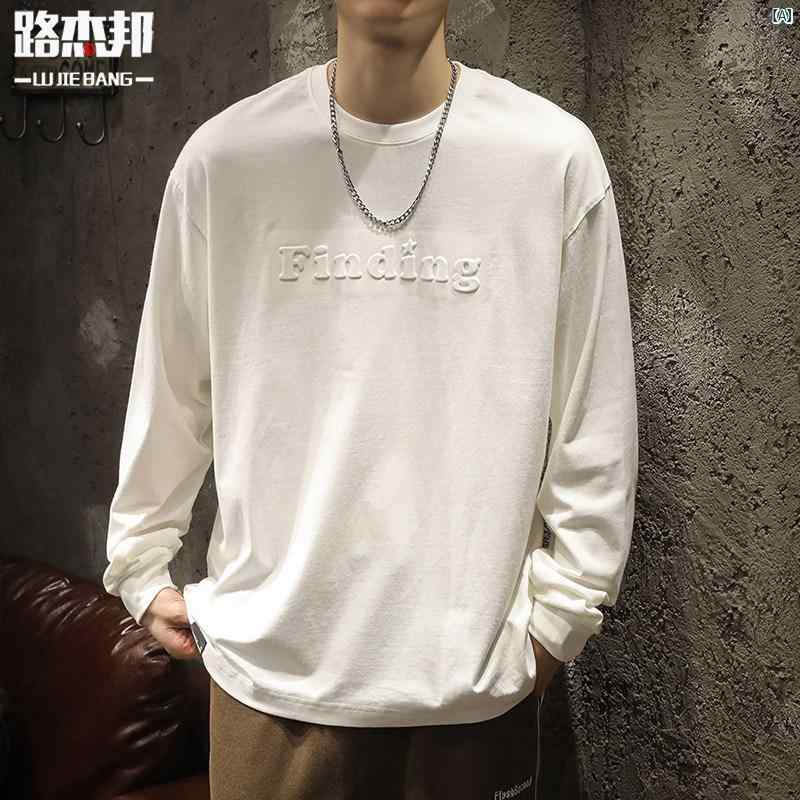 メンズ　ファッショオン　オシャレ　カジュアル　男性 2 グラム ヘビーウェイト ウイグル コットン ラウンドネック ホワイト 長袖 Tシャツ ボト シャツ 春秋 ガード 服