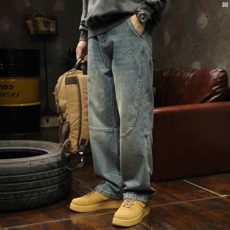 メンズ ファッショオン オシャレ カジュアル 男性 Lujiebang ストレート レッグ ジーンズ 春秋 アメリカン レトロ ストリート パンツ 新