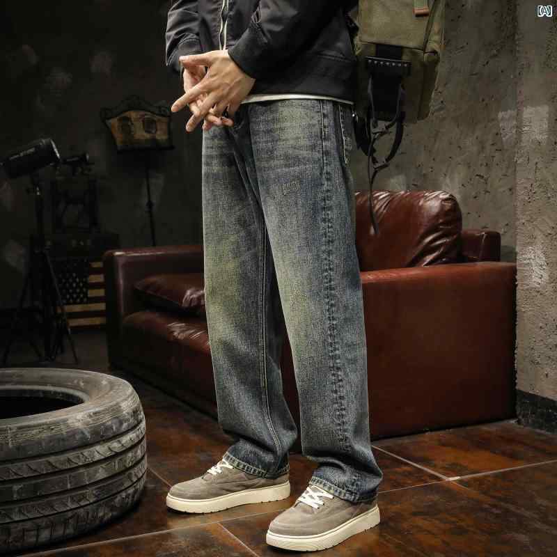 メンズ　ファッショオン　オシャレ　カジュアル　男性 アメリカ レトロ タイダイ柄 ウォッシュ メンズジーンズ ストレート ロング パンツ 秋 ワイド レッグ