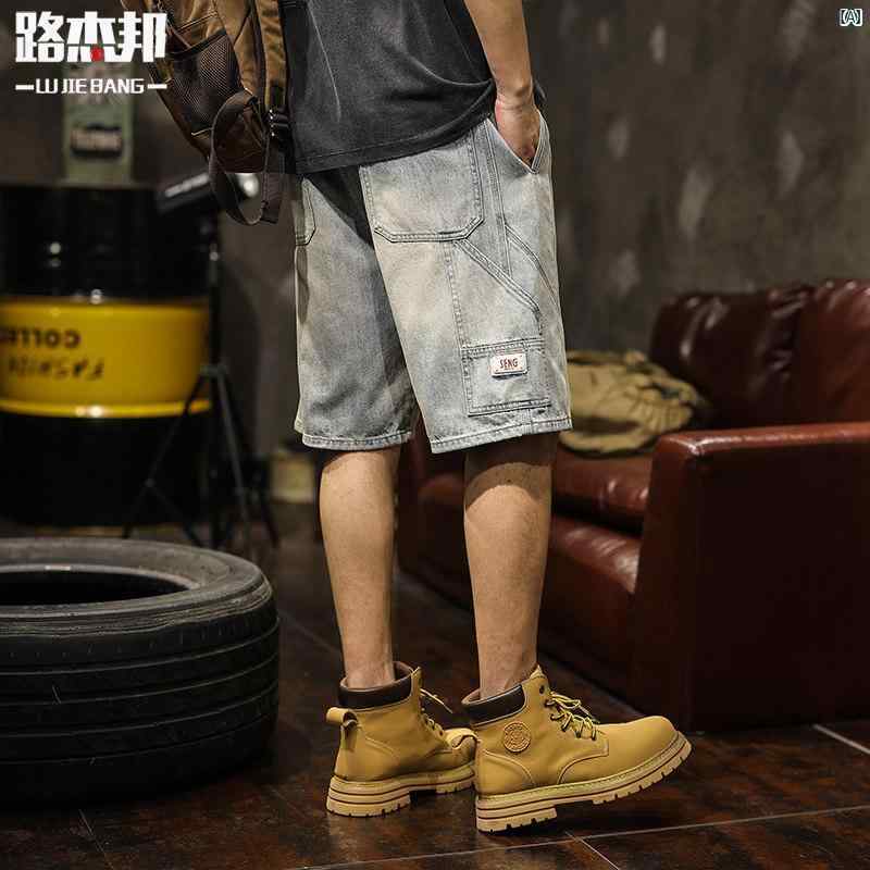 メンズ　ファッショオン　オシャレ　カジュアル　男性 アメリカン レトロ ストレート レッグ デニムショートパンツ メンズ 夏 薄手 ミッド パンツ 半ズボン