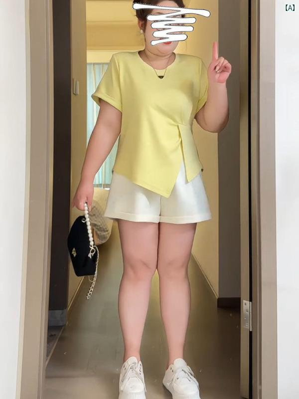 レディース　大きめ　ぽっちゃり　 大きいサイズ ウエスト 締める 夏 太り ユニーク 肩 半袖 Tシャツ スリム 美しい 小柄 トップス