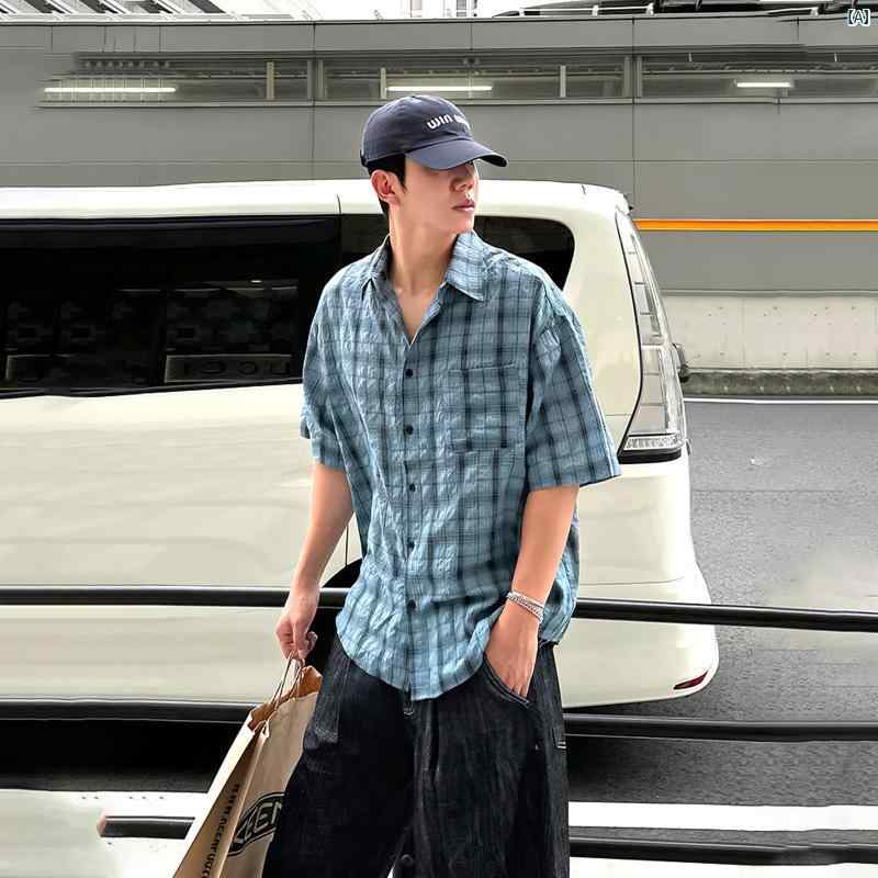 メンズ　韓国　ファッション　おしゃれ　海外ファッション 夏用 ブルー チェック柄 半袖 シャツ 軽量 和風 レトロ プリーツ テクスチャー ド カジュアル