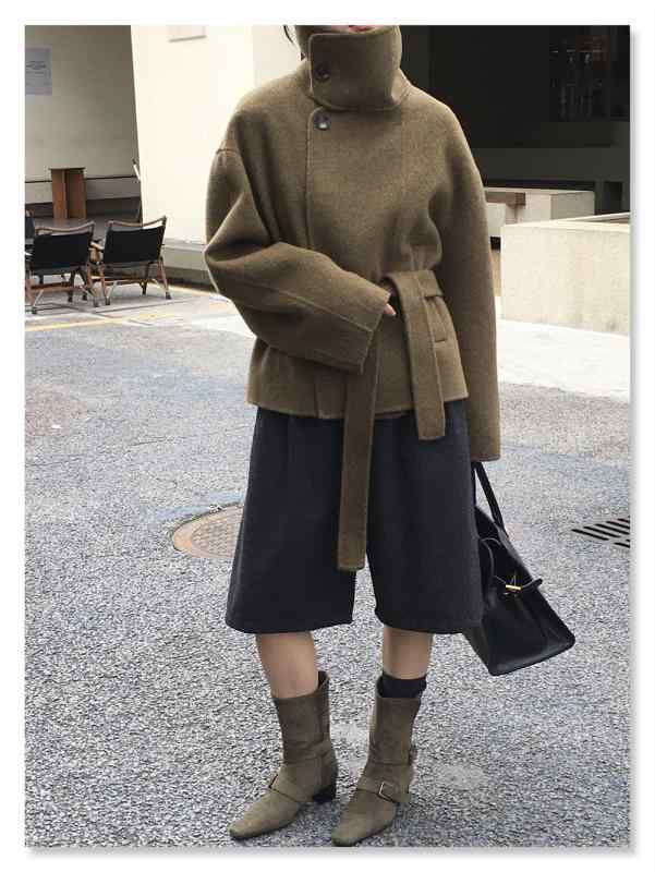 コート レディース アウター ウールコート ダブルフェイス 毛・希コート ジャケット ミドル丈 スタンドカラー 落肩袖 立襟 長袖 無地 メルトン 高級感 暖かい 防寒 上品 秋冬 日韓風 カジュアル 羽織り 普段使い 通勤着 通学 オフィス ブラック グ|プライムズ商店