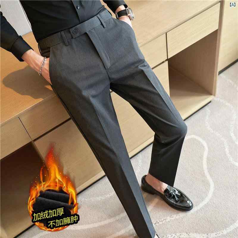男性　オシャレ　かっこいい　カジュアル 秋　冬 メンズ ベルベット 厚手 ストレッチ ウエスト ビジネス パンツ ストレッチスリムパンツ ネイビーブルー カジュアル