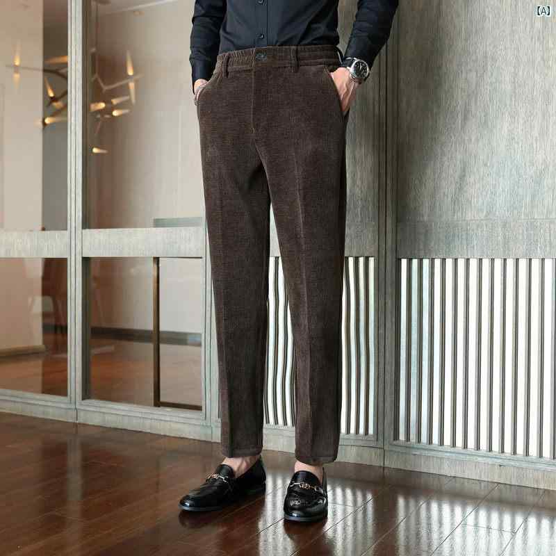 男性　オシャレ　かっこいい　カジュアル コーデュロイ メンズパンツ 厚手 ベルベット 暖かい 伸縮性 ウエスト メンズカジュアル パンツ スリムフィット ビジネス スーツ
