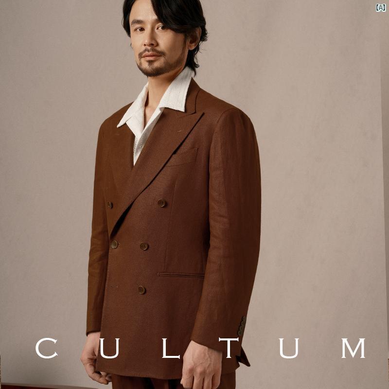 CULTUM ナポリ ハイエンド ヘビー リネン 春夏 通気性 スリム ダブルブレスト カラー スーツ 男性用