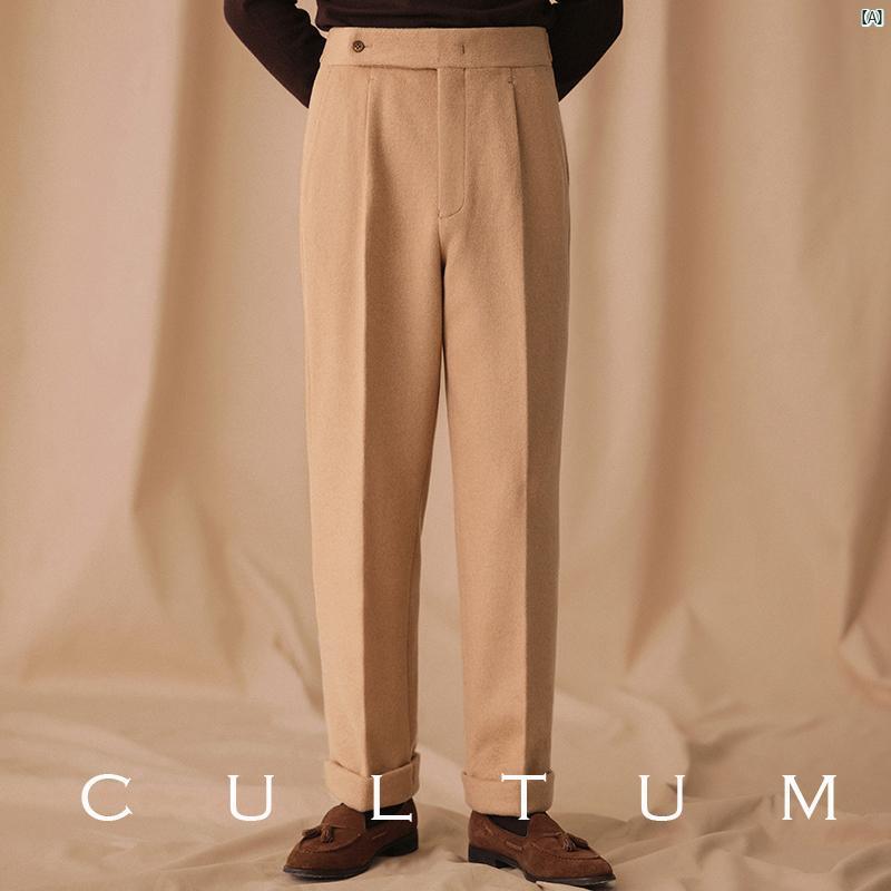 CULTUM 厚手 720 グラム ヘビー ナポリ シングル プリーツ ウール パンツ メンズ 秋冬 ビジネス カジュアル スリム