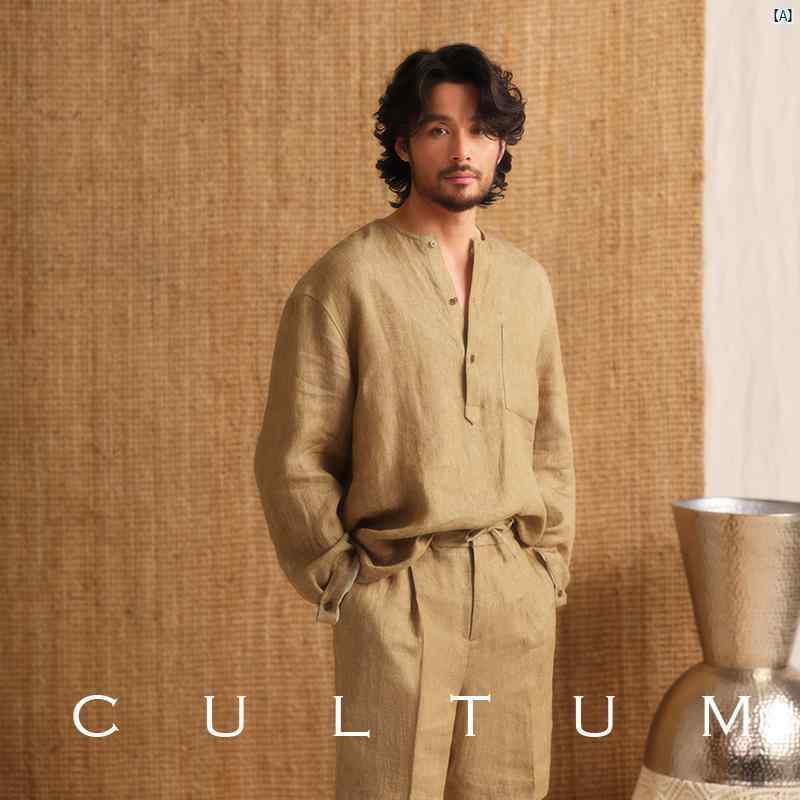 ヘビーウェイト フレンチ リネン 100 CULTUM否 色合い 二分の一 ジレー 長袖 プルオーバー メンズ心地よい レトロ