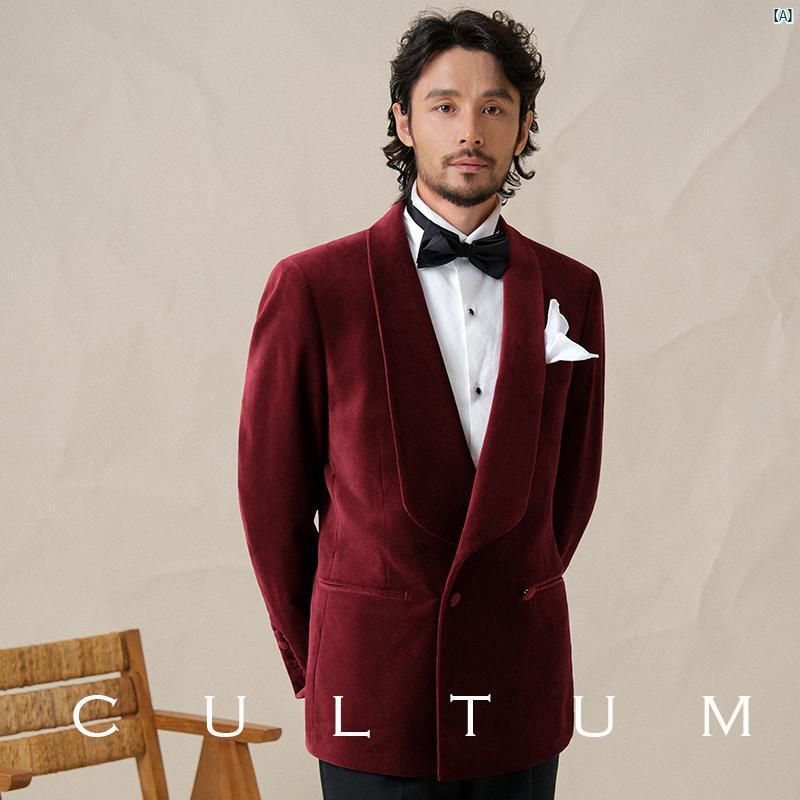 CULTUM グリーン フルーツ カラー ダブルブレスト バーガンディ ベルベット タキシード ドレス スーツ メンズフォーマル 結婚式