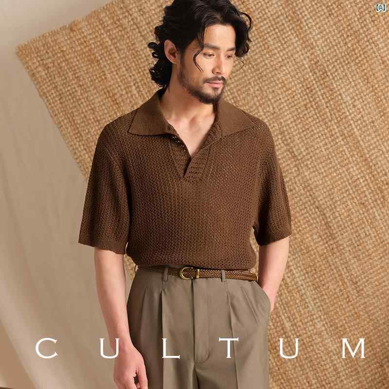綿織物 麻 混紡 通気性 人並み外れた CULTUM イタリアン 風 半袖 スポーツシャツ メンズ 心地好い はと目 編み物 スウェーター