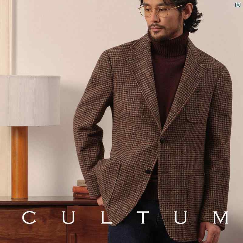 CULTUM 100 ウール レトロ ツイード 千鳥格子 スーツ ジャケット メンズ 秋冬 厚手 カジュアル