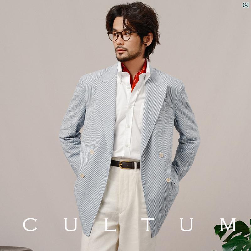 CULTUM 青み縞模様 ダブル前胸部 色つや シアサッカー 背広 上衣 メンズ 春夏 半 裏地 付き添い人 心地好い