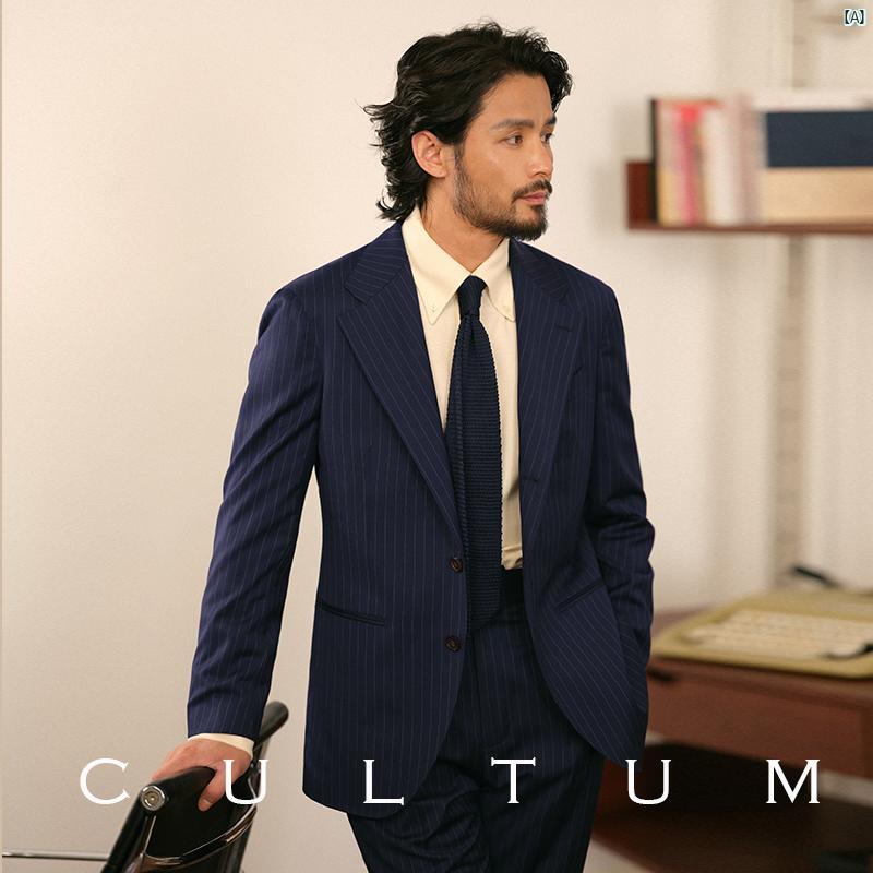 通気性 良い ウーステッド ウール CULTUM イタリアン ストライプ 半 裏地 付き スーツ メンズ ビジネス カジュアル