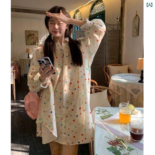 レディース　ファッション　レディース　オシャレ　かわいい　綺麗　上品 水玉 長袖 シャツ スカート 夏 スリム たり 少し 和服