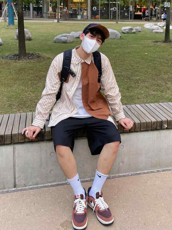 メンズ　ファッション　オシャレ　カジュアル　男性 春秋 ブラウン ストライプワークシャツ パッチワーク 長袖 ファッション 快適 シャツ 男性用