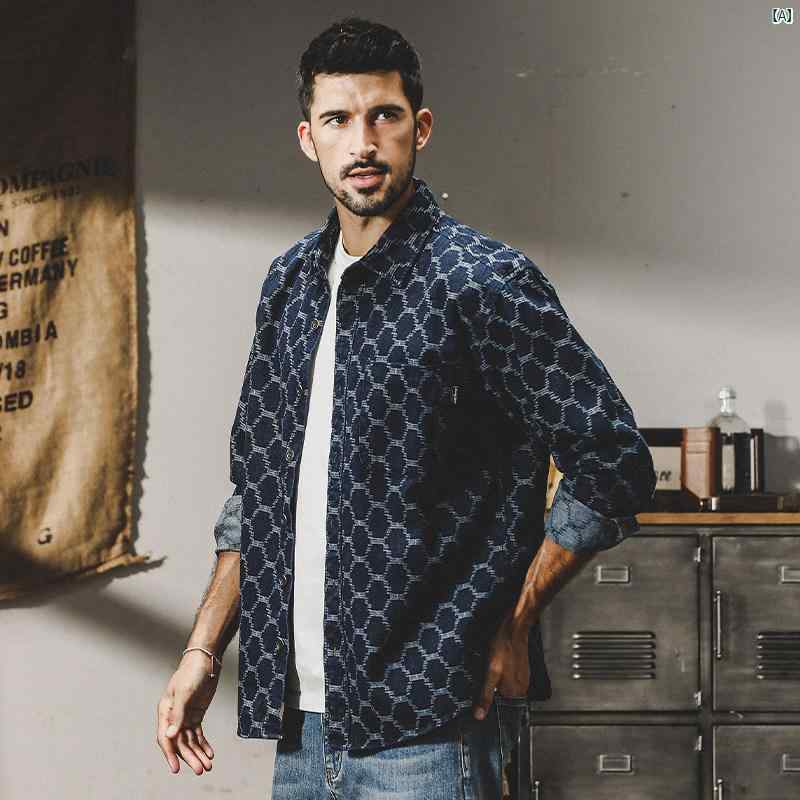 メンズ　ファッション　オシャレ　カジュアル　男性 アメリカン レトロ 先 染め ジャカード チェック柄 デニムシャツ 長袖 シャツ 秋 ジャケット 男性 春