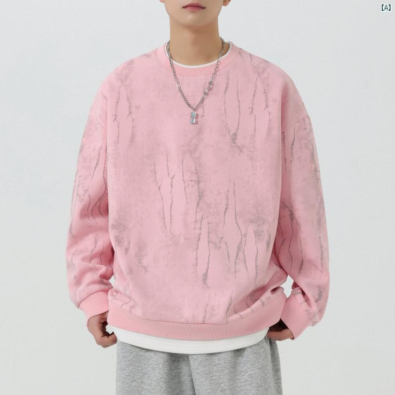 メンズ ファッション オシャレ カジュアル 男性 用 ピンク スウェットシャツ タイダイ柄 フェイク 2点 トップ ティーンエイジャー 春秋 カラー ブロック アウター