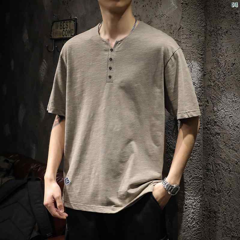 メンズ ファッショオン オシャレ 心地好い 成人男性 アメリカン ヘンリー 色つや スポーツシャツ 半袖 プルオーバー 夏 薄っぺらたり 馬鹿でかい大きさ 綿織物 第一義的 好いたらしい