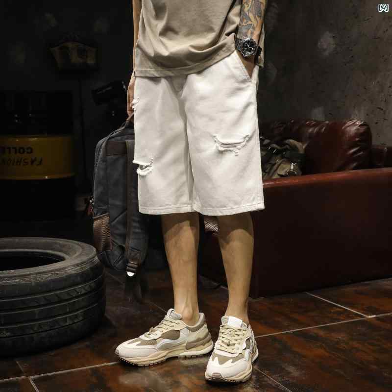 メンズ　ファッショオン　オシャレ　カジュアル　男性 アメリカン ストリート ホワイト リップド デニムショートパンツ ストレート パンツ 夏 五分丈