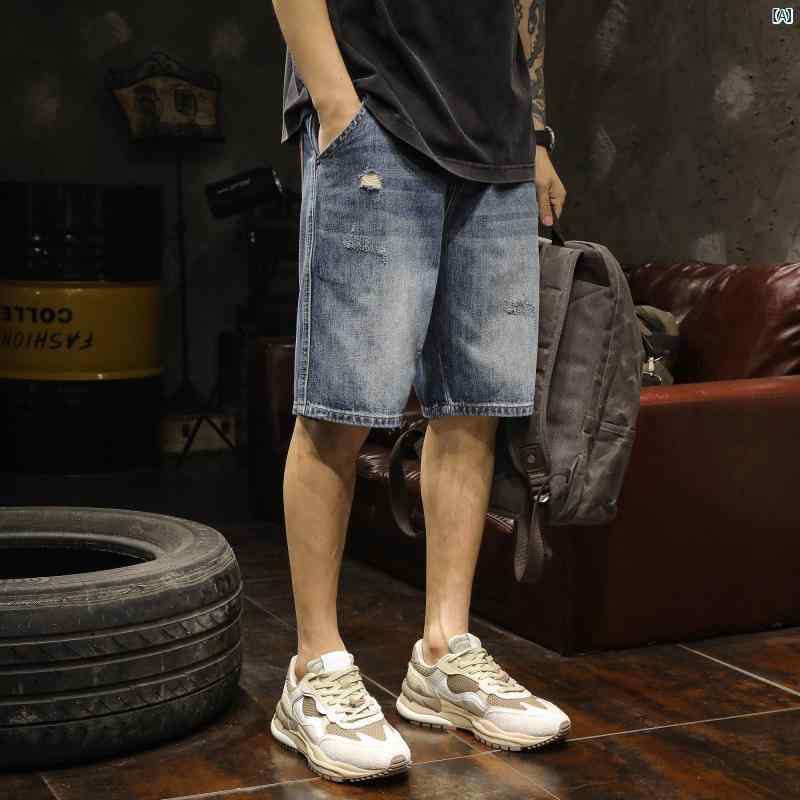 メンズ　ファッショオン　オシャレ　カジュアル　男性 デニムショートパンツ 夏用 薄手 通気性 ジョッパーズ アメリカン レトロ カラー ブロック ポケット 破れた ミドル丈 パンツ