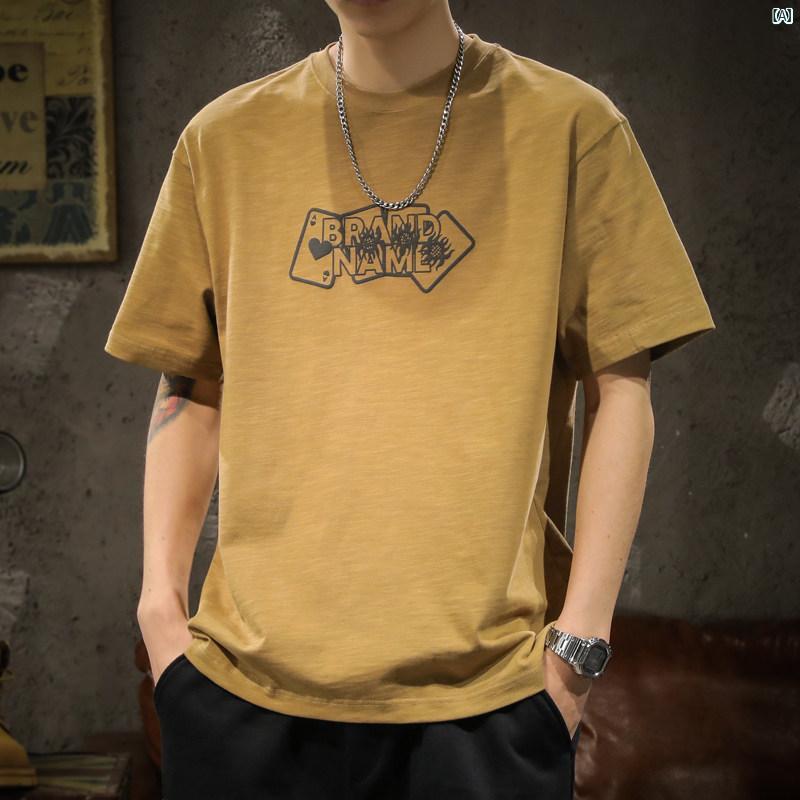 メンズ　ファッショオン　オシャレ　カジュアル　男性 300グラム 厚手 コットンプリント 半袖 Tシャツ 男性用 大きいサイズ 夏 カーキ ラウンドネック