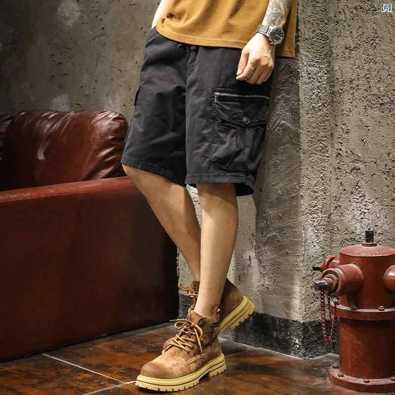 メンズ　ファッショオン　オシャレ　カジュアル　男性 夏 カーキ 厚手 カーゴ ショーツ イン ミッド パンツ 大きいサイズ 五分
