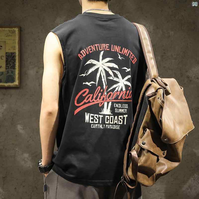 メンズ　ファッショオン　オシャレ　カジュアル　男性 ハワイアン ビーチ ベスト 夏 コットン ノースリーブ Tシャツ アメリカン ヘビー チョッキ プリント スポーツ トップ
