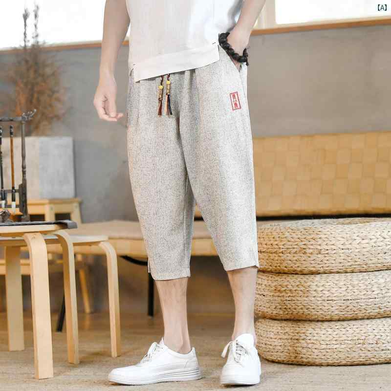 メンズ　ファッショオン　オシャレ　カジュアル　男性 中華風 七分 パンツ リネン 夏 薄手 通気性 ショート ワイド レッグ レトロ