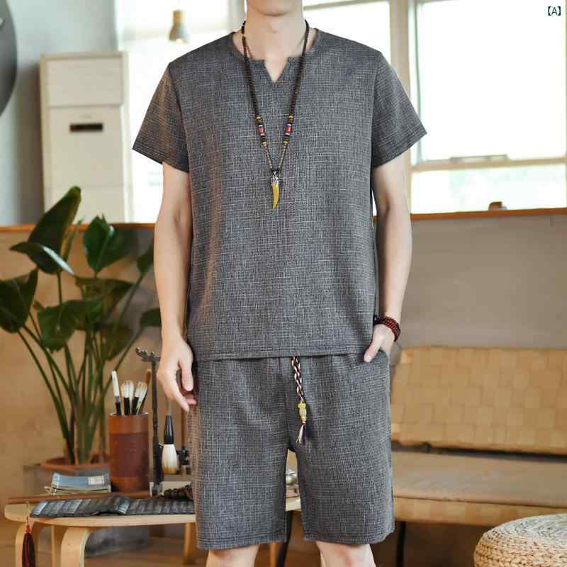 メンズ ファッショオン オシャレ カジュアル 男性 リネン 半袖 Tシャツ 夏 薄手 通気性 冷感 スーツ 中華風 大きいサイズ コットン