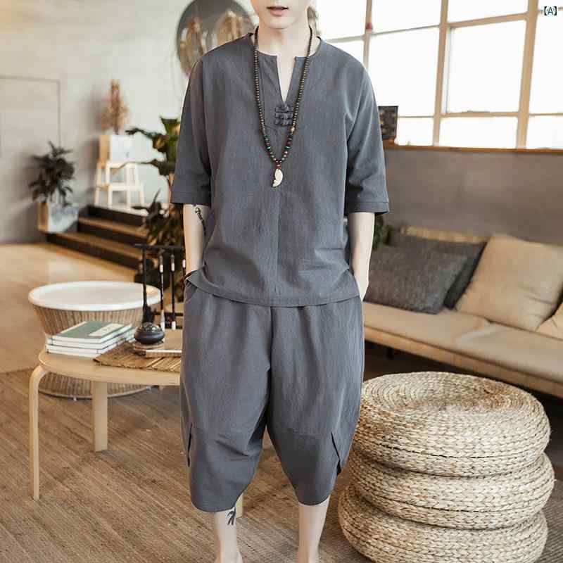 メンズ　ファッショオン　オシャレ　カジュアル　男性 リネン 半袖 Tシャツ 夏 中華風 大きいサイズ 薄手 無地 コットン 麻 スーツ