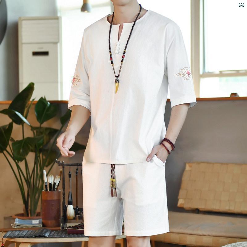 メンズ　ファッショオン　オシャレ　カジュアル　男性 リネン 半袖 Tシャツ 夏 薄手 中華風 刺繍 Vネック 通気性 冷感 コットン セット 7,821円