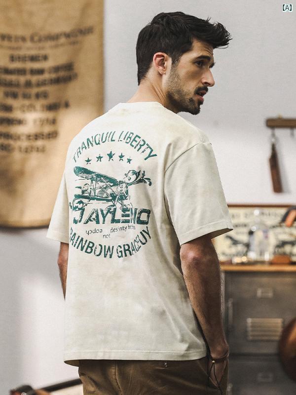 メンズ　カジュアル　男性　オシャレ ジェイ レノ 夏 涼しい 半袖 メンズ アメリカン レトロ Tシャツ メンズカジュアル たり 吸湿 トップス