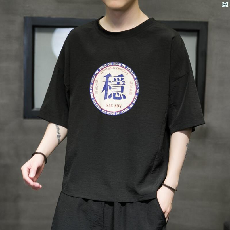 メンズ　ファッショオン　オシャレ　カジュアル　男性 夏 薄手 コットン リネン プリント 半袖 中華風 ラウンドネック 七分袖 トップス