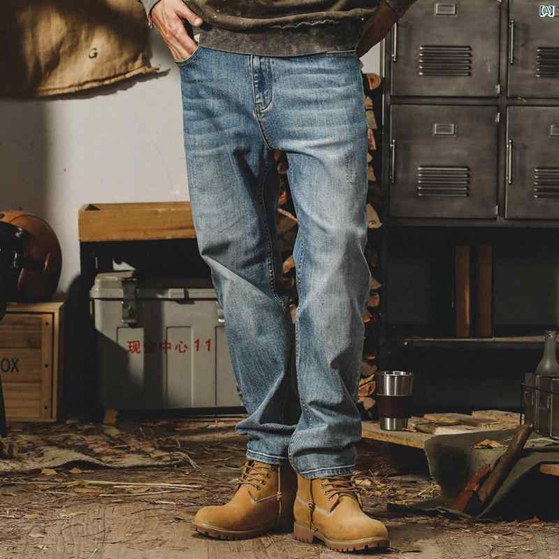 メンズ　ファッショオン　オシャレ　カジュアル　男性 春秋 男性用 アメリカン ヘビーウェイト バンブー コットンツイル ストレッチジーンズ ストレート クラシック ウォッシュ パンツ