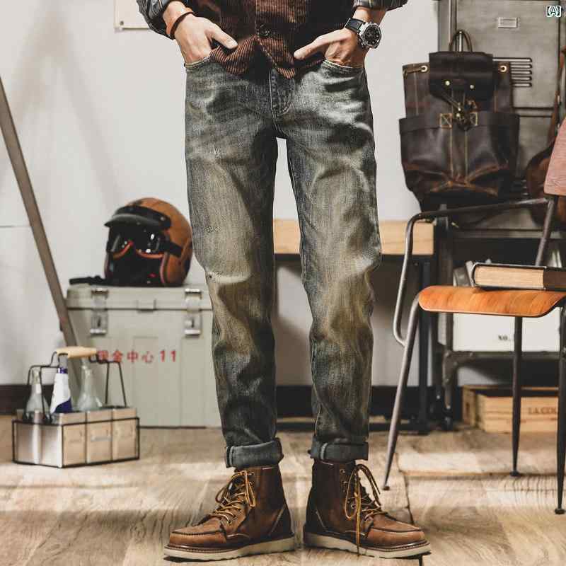 メンズ　ファッショオン　オシャレ　カジュアル　男性 男性用 アメリカン レトロ アミ カーキ ジーンズ ストレート パンツ 春 ダメージ