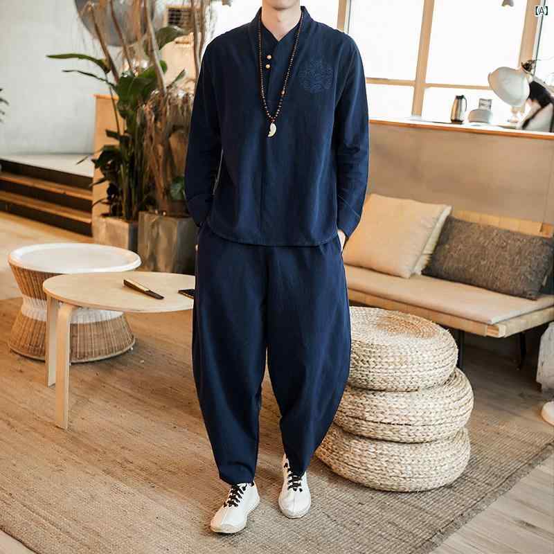 メンズ　ファッショオン　オシャレ　カジュアル　男性 リネン 長袖 Tシャツ 春秋 大きいサイズ 中華風 刺繍 漢服 コットン スーツ 素歳 瞑想