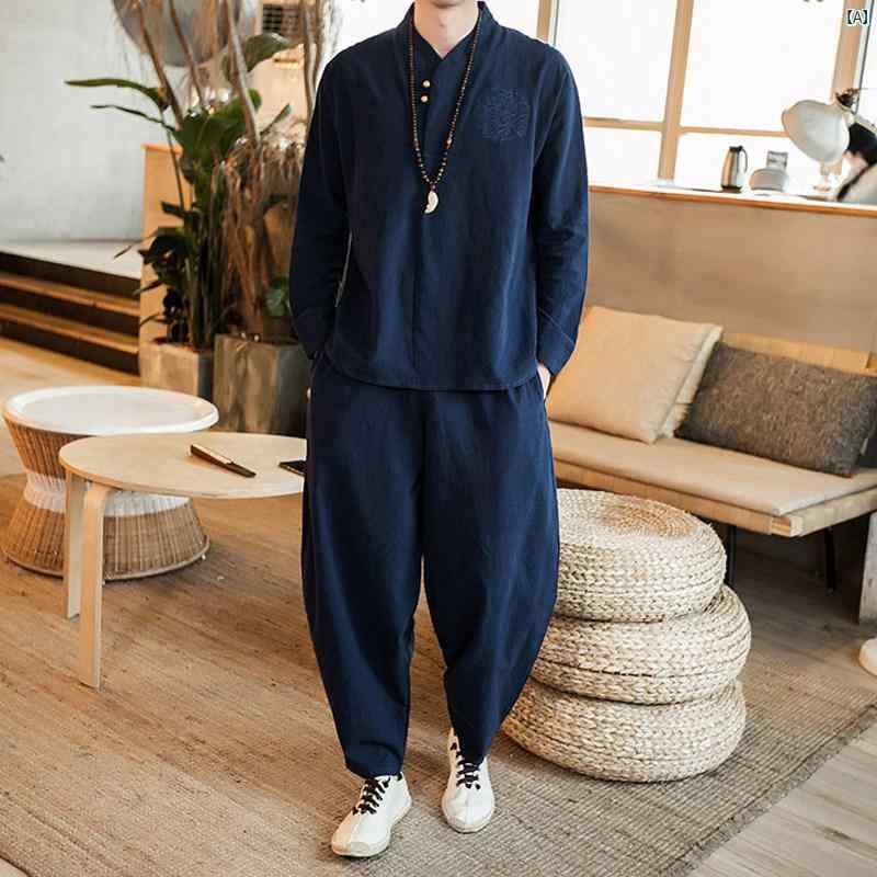 メンズ　ファッショオン　オシャレ　カジュアル　男性 リネン 長袖 Tシャツ 大きいサイズ 中華風 レトロ 刺繍 素歳 瞑想 スーツ 漢服 秋 コットン