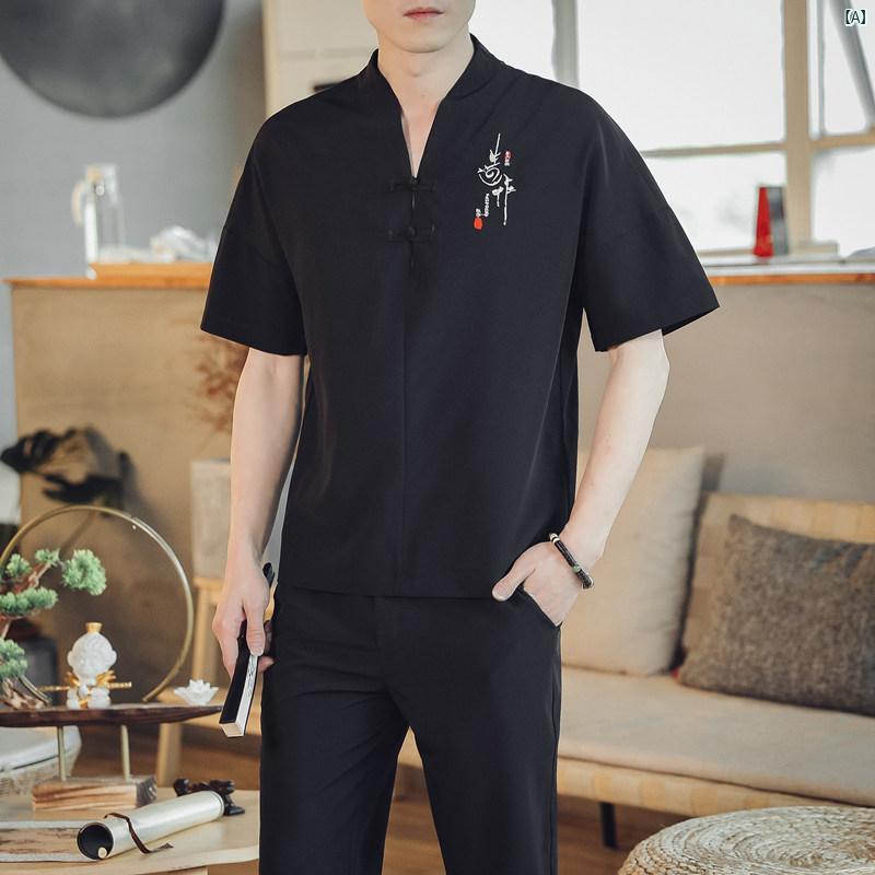 メンズ　ファッショオン　オシャレ　カジュアル　男性 中華風 大きいサイズ スーツ たり 半袖 Tシャツ 夏 薄手 クロップド パンツ 2点セット