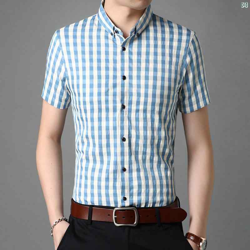メンズ　ファッション　オシャレ　カジュアル　男性 上品 夏 チェック柄 コットンシャツ 半袖 スリム ビジネス カジュアル 韓国 インチ シャツ